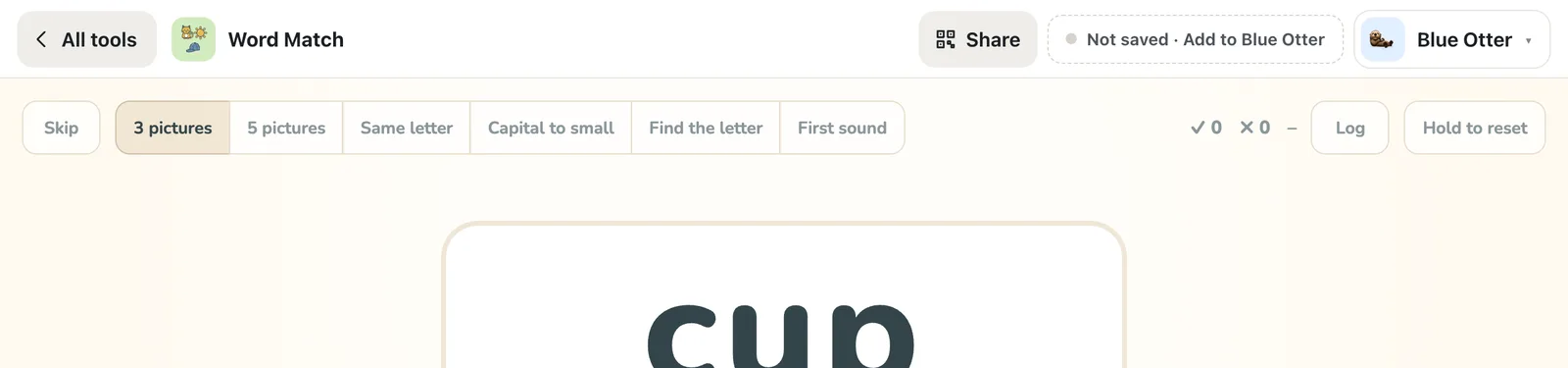 Word Match top bar with a Not saved · Add to Blue Otter button