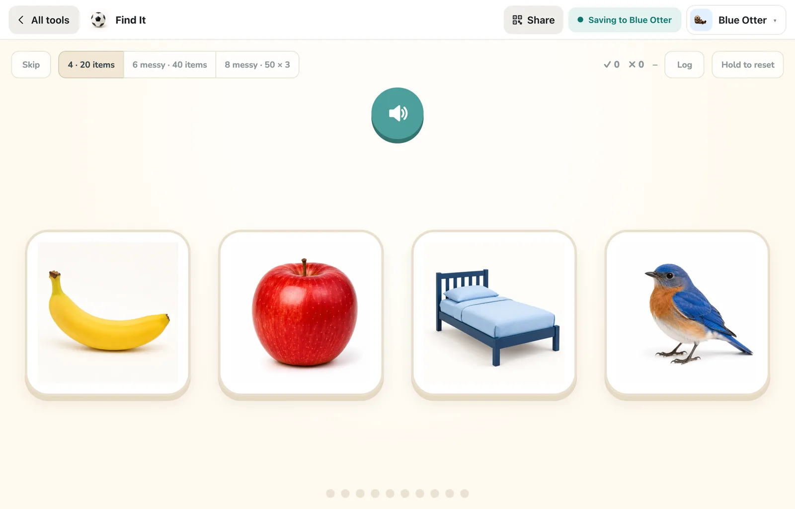 Find It activity with a green Saving to Blue Otter label in the top bar
