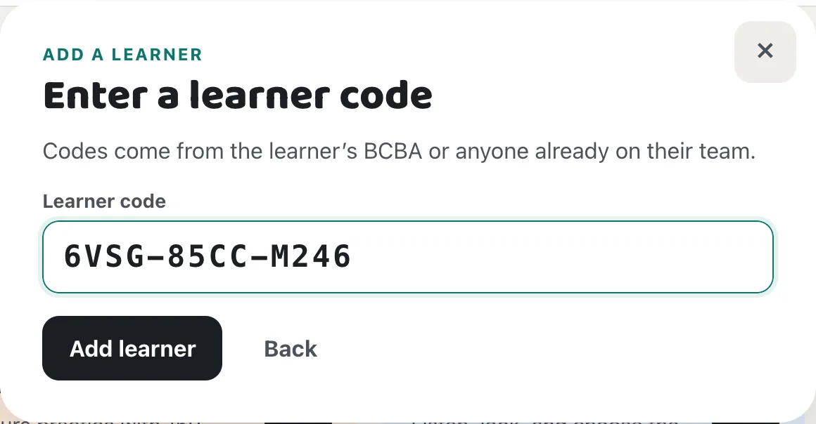 Enter a learner code dialog with a code typed in and an Add learner button