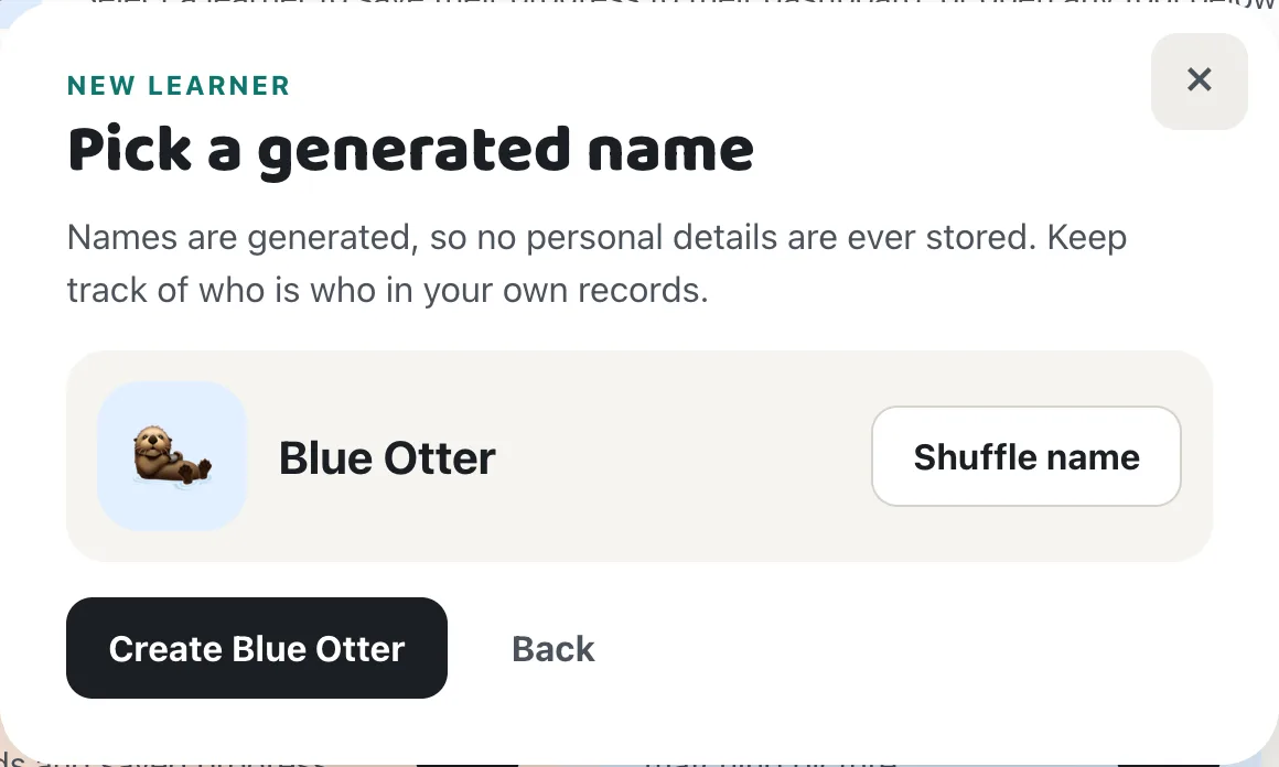 Pick a generated name dialog showing Blue Otter with Shuffle name and Create Blue Otter buttons