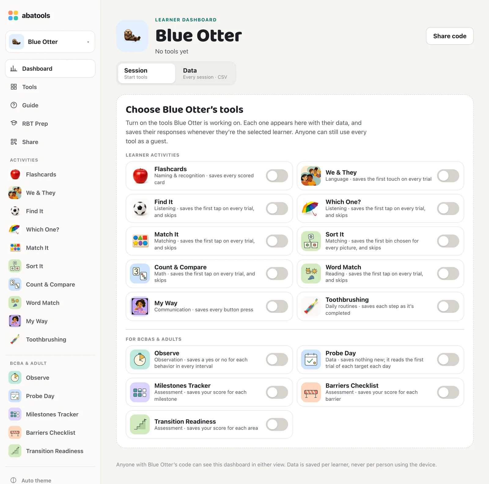 Choose Blue Otter’s tools, a list of every tool, each with an off switch