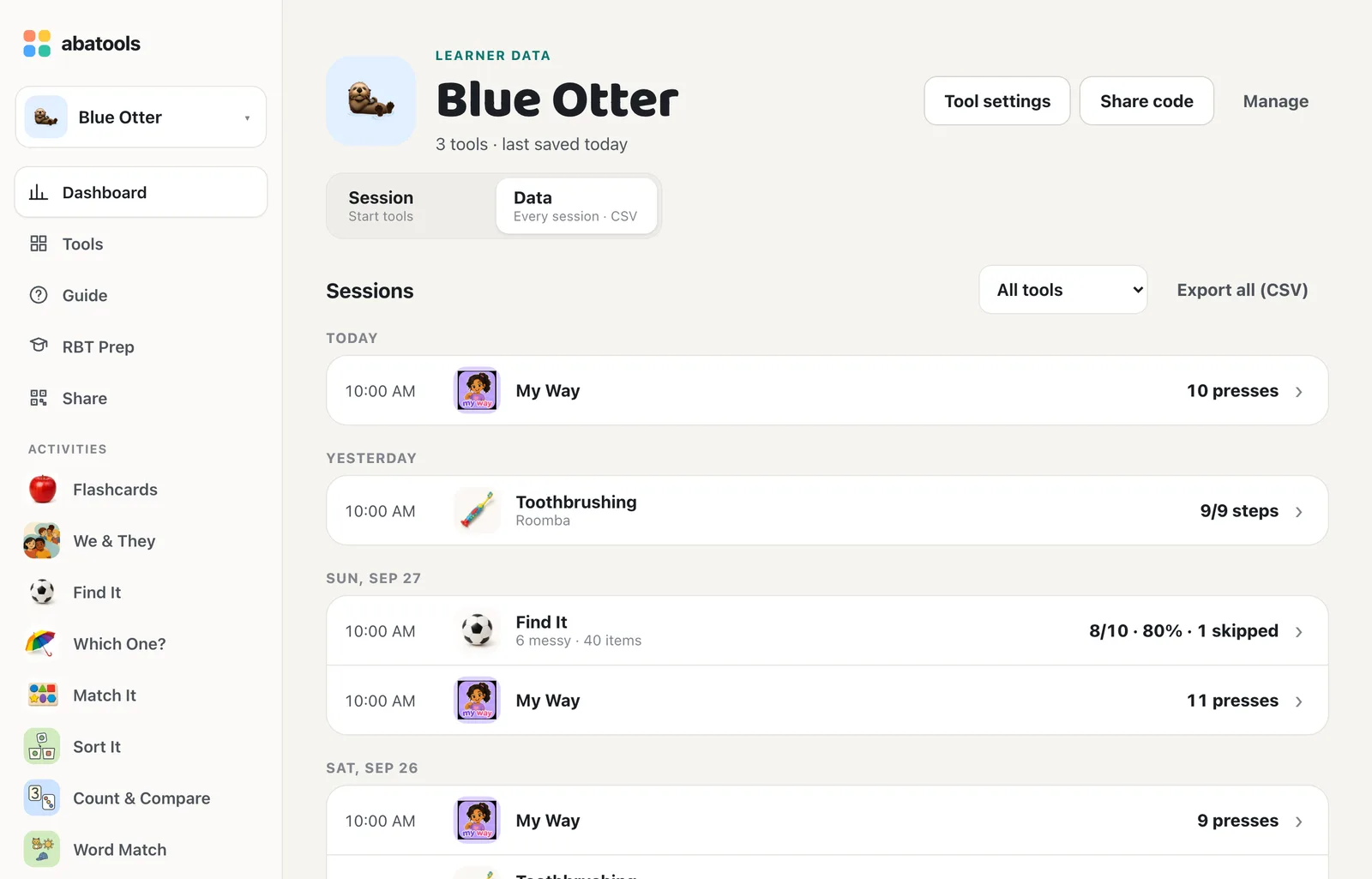 Blue Otter’s Data view with Tool settings and sessions listed by day for Find It, My Way, and Toothbrushing