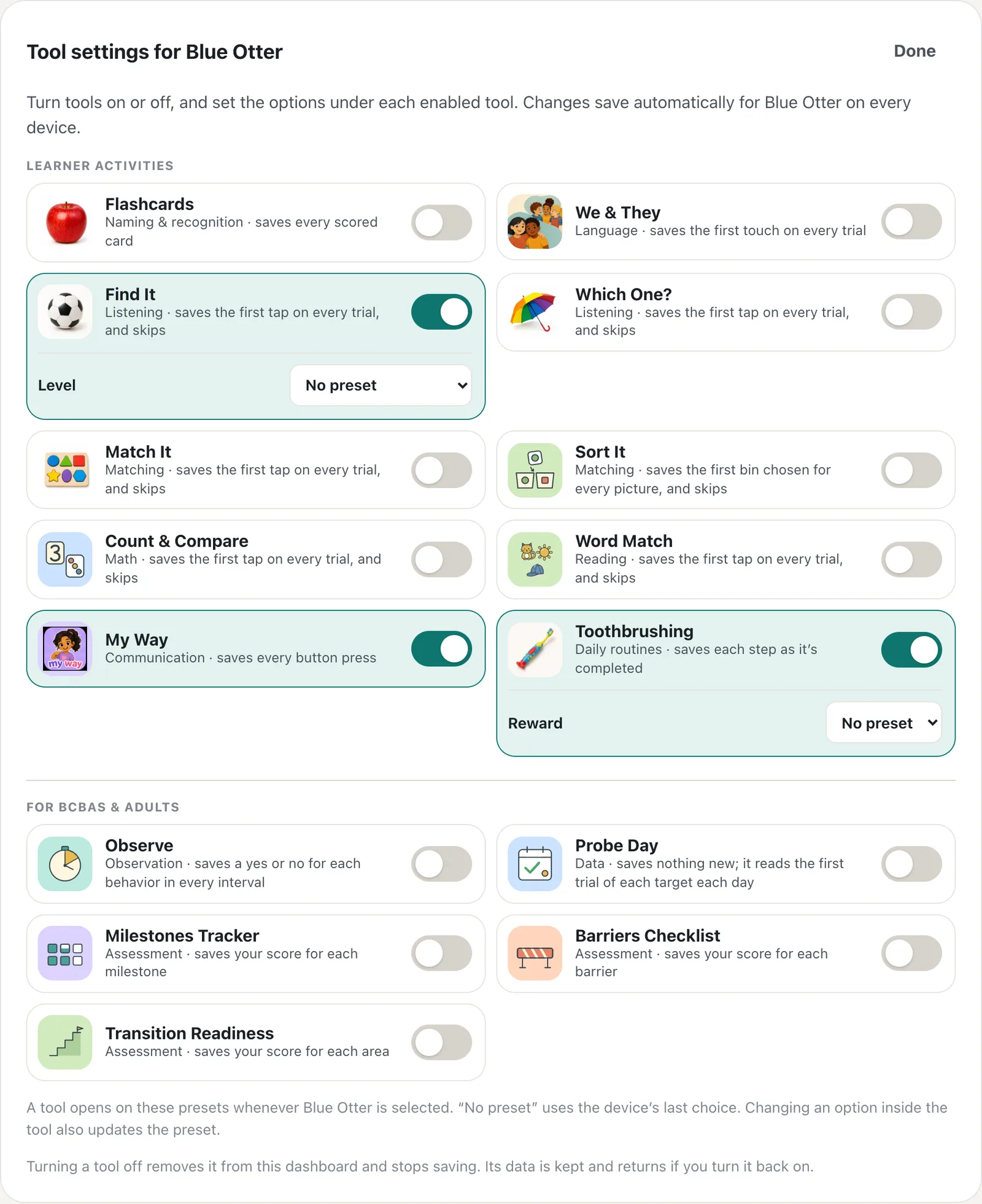 Tool settings for Blue Otter with switches, a level preset for Find It, and a reward preset for Toothbrushing