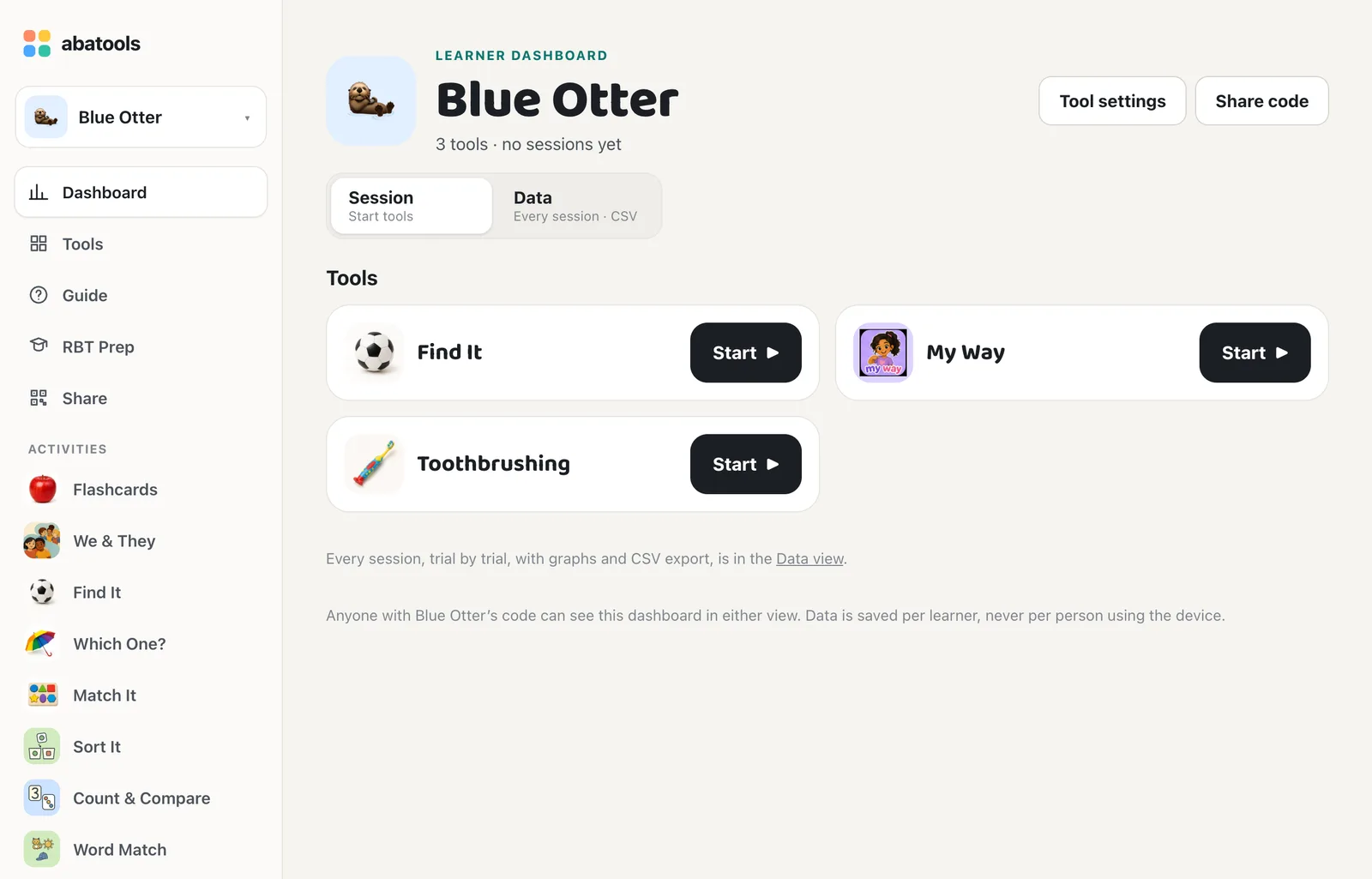 Blue Otter’s Session view with Tool settings and Start buttons for Find It, My Way, and Toothbrushing