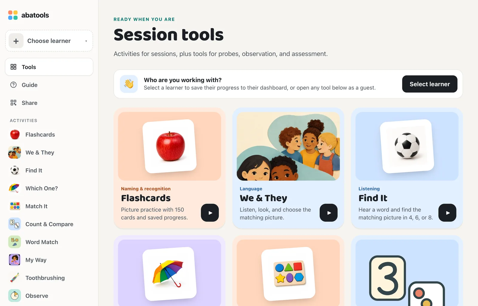 abatools home page with a “Who are you working with?” banner and a Select learner button