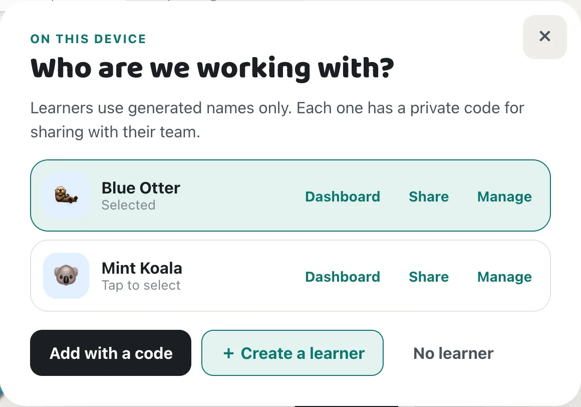 Who are we working with? menu with Blue Otter selected and Mint Koala below, each with Dashboard, Share, and Manage