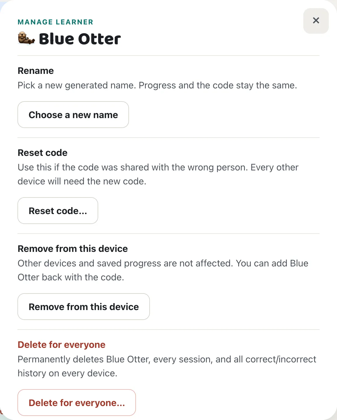 Manage learner dialog with Rename, Reset code, Remove from this device, and Delete for everyone sections
