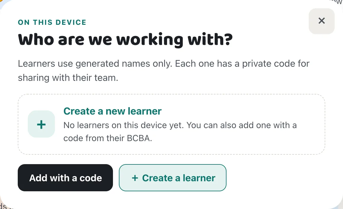 Learner menu with no learners, showing Create a new learner, Add with a code, and Create a learner buttons