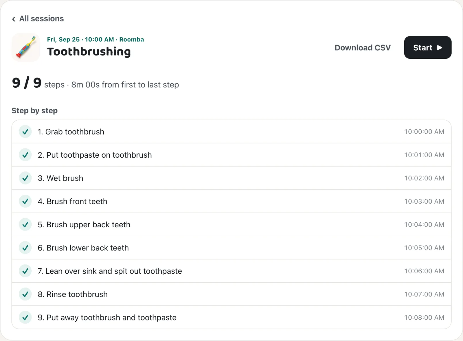 A Toothbrushing session listing nine steps, each done or not done