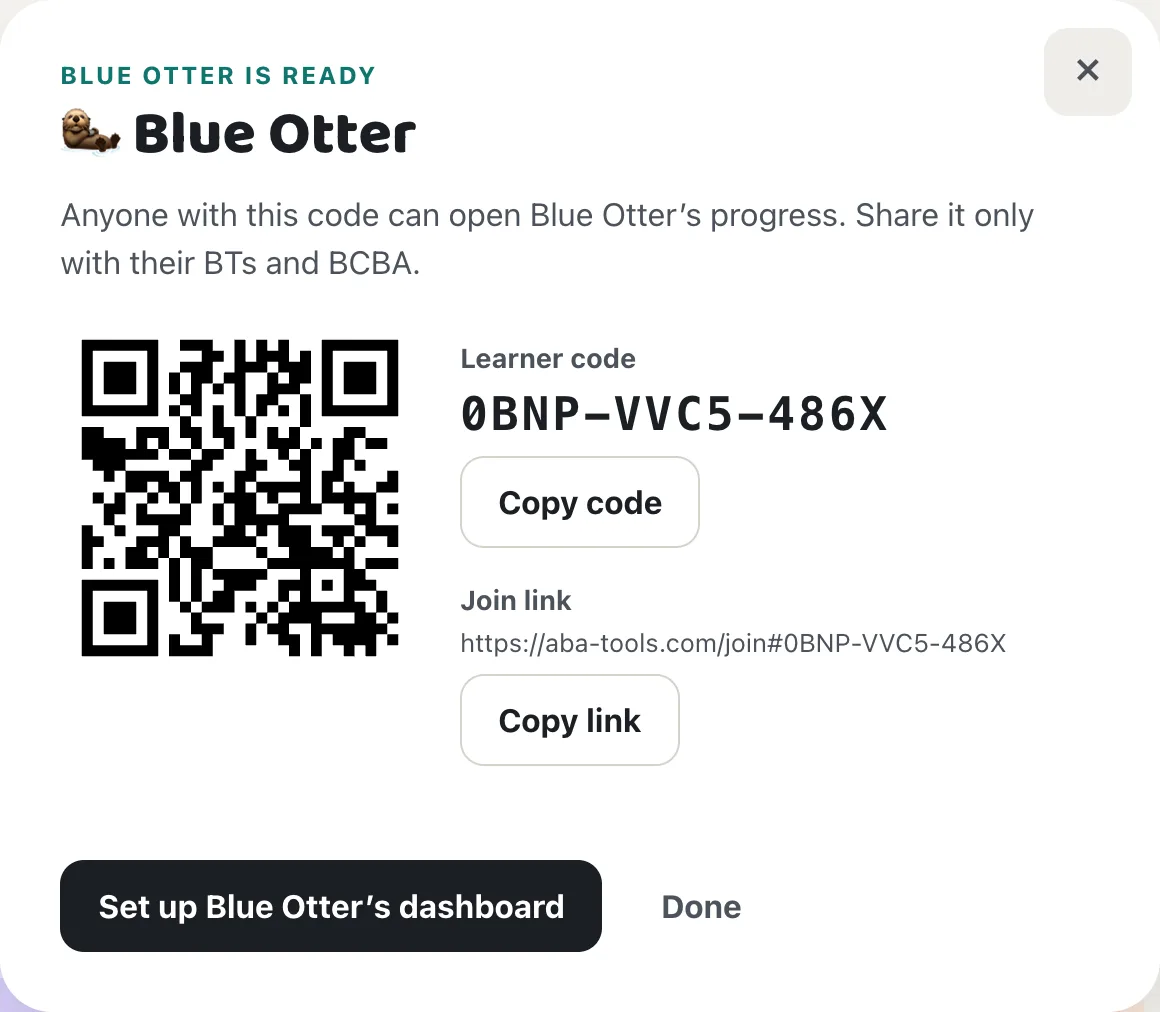 Blue Otter is ready dialog with a QR code, the learner code, a join link, and a Set up Blue Otter’s dashboard button