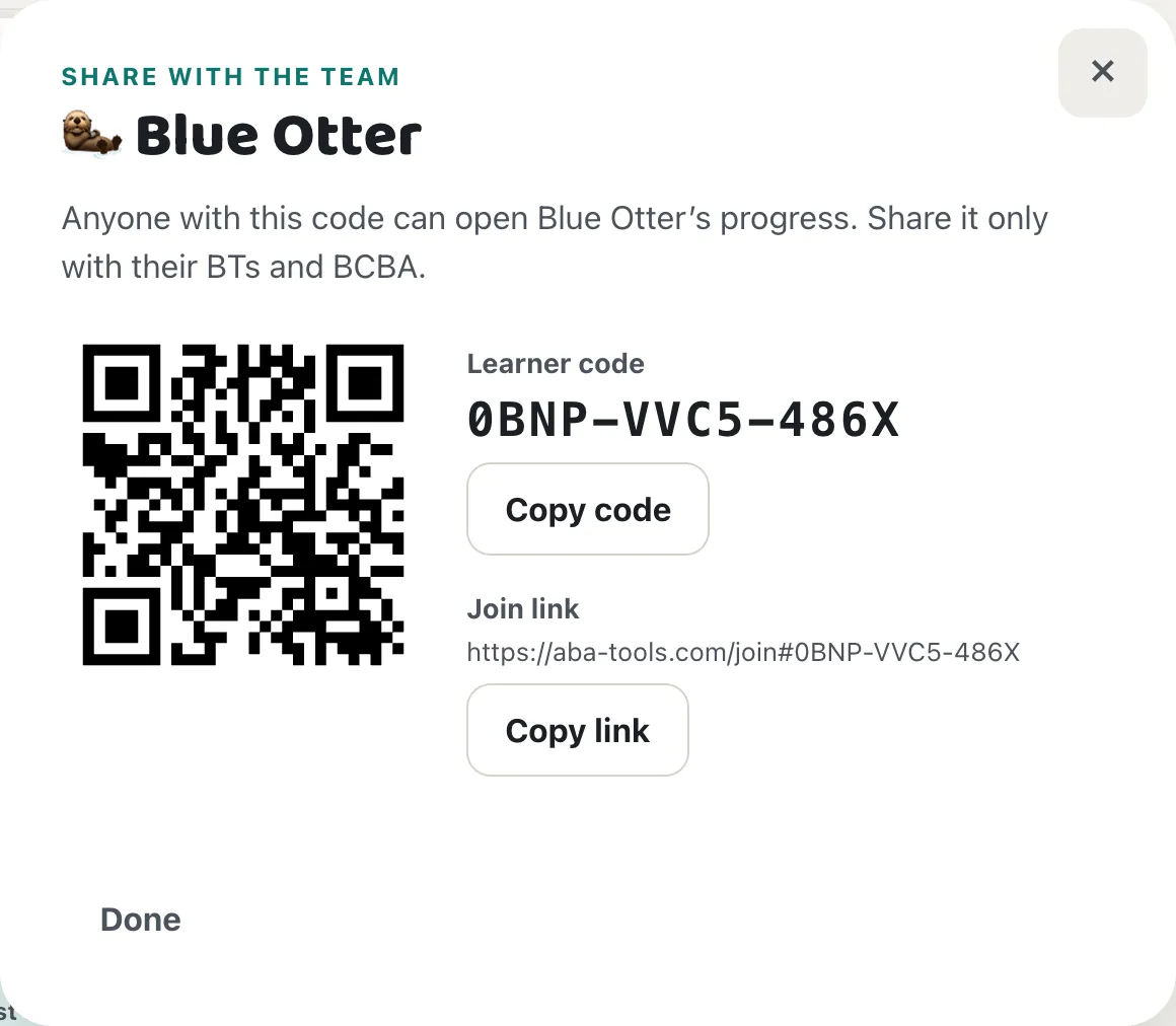 Share dialog with the QR code, learner code, Copy code, join link, and Copy link